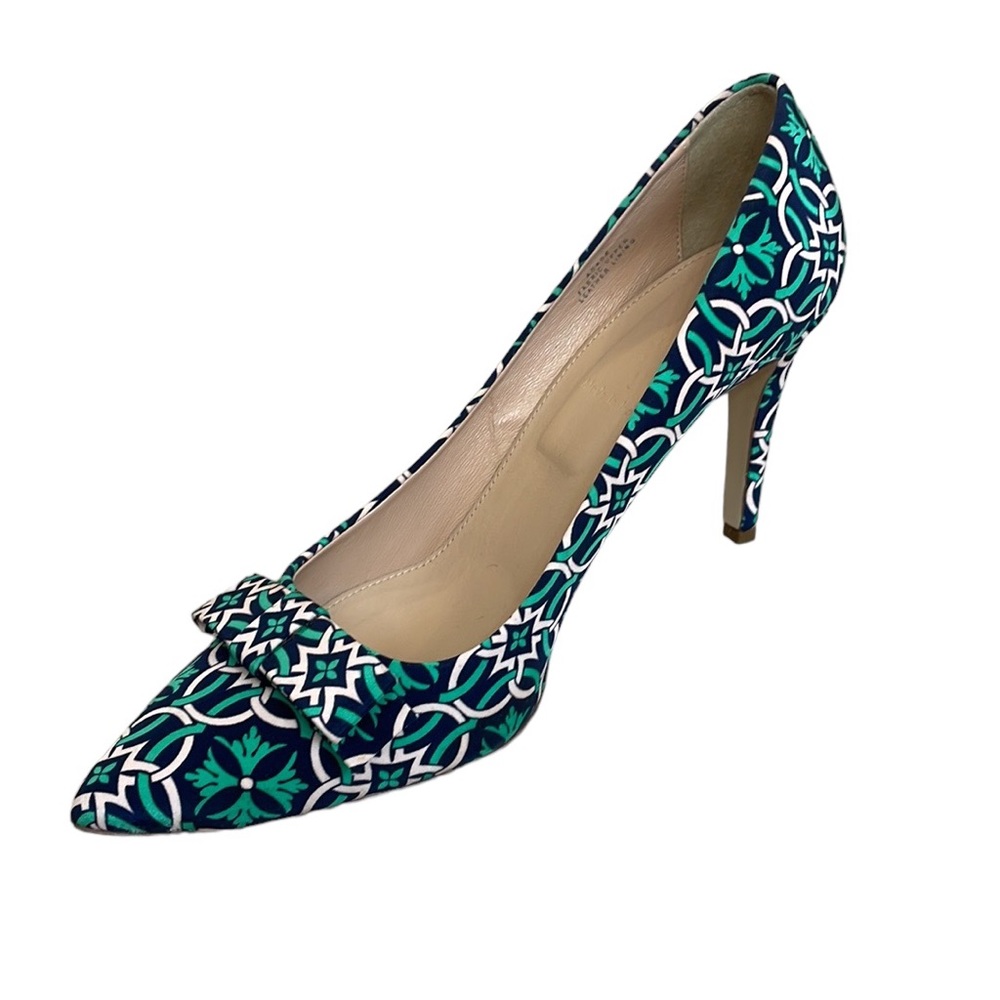 JCREW Women’s UEC Size 8.5 Blue Green White Patterned Heels Pumps Shoes Bow